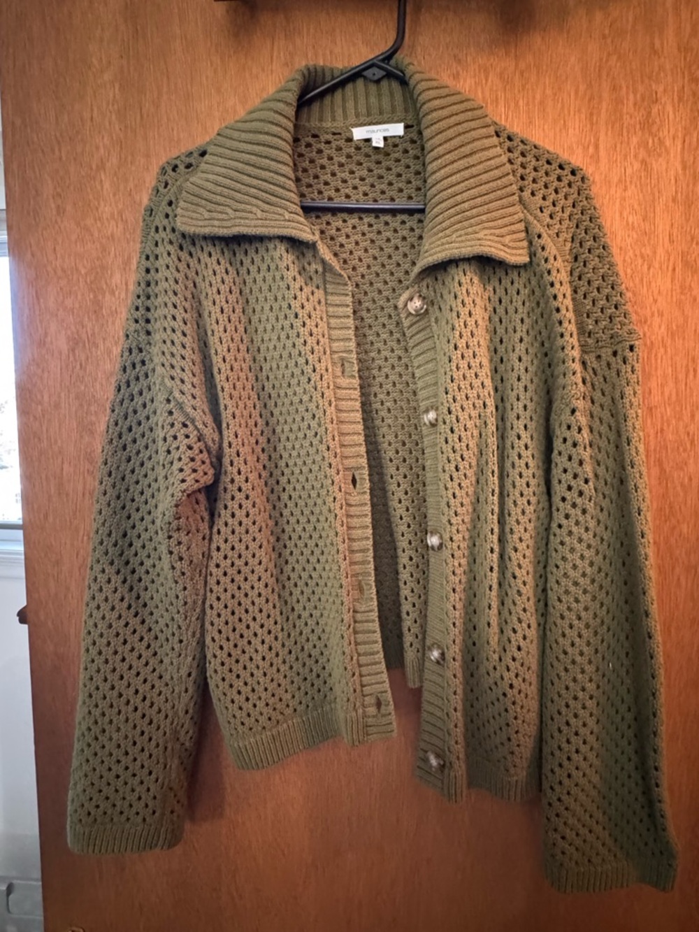 Maurices Olive Open-Knit Button-Up Cardigan